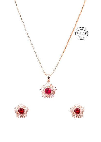 Rosegold Red Blossom Pendant Set