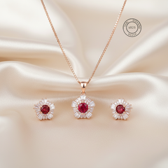Rosegold Red Blossom Pendant Set