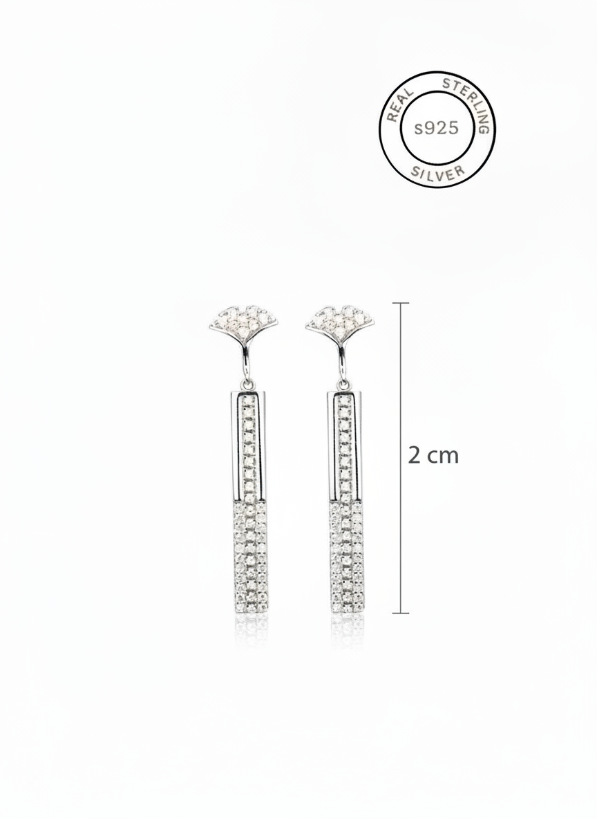 Silver earrings with CZ stones on a white background, featuring '925 Sterling Silver' stamp.