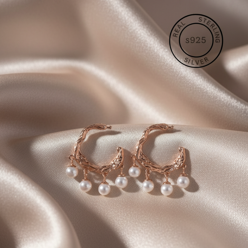 Rose gold earrings with pearls on a satin surface, featuring a silver stamp.