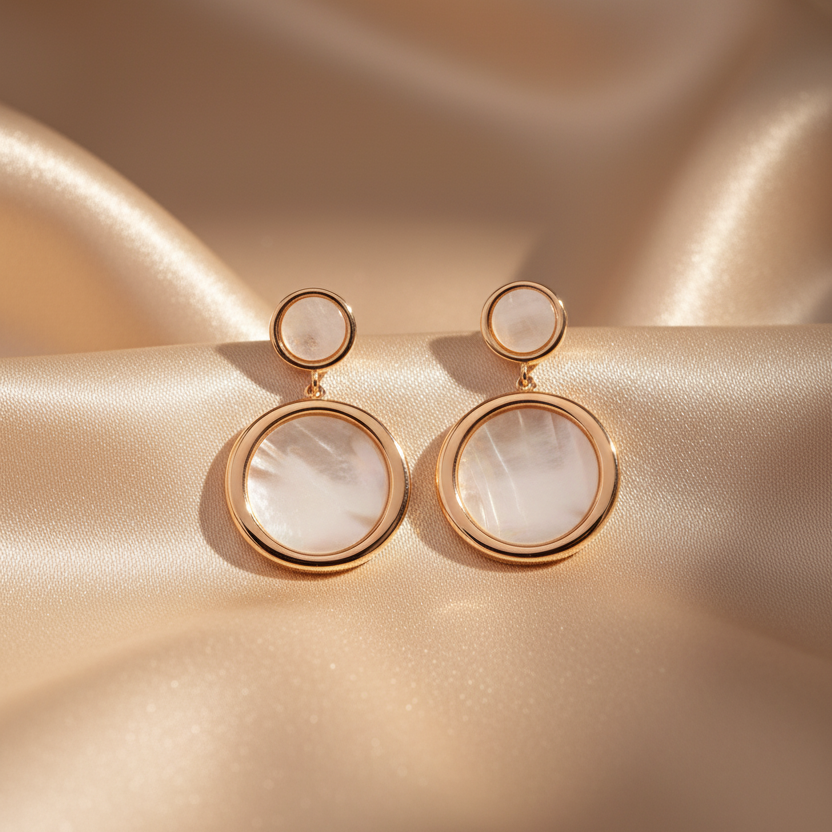 RoseGold and white circular earrings on a beige fabric background