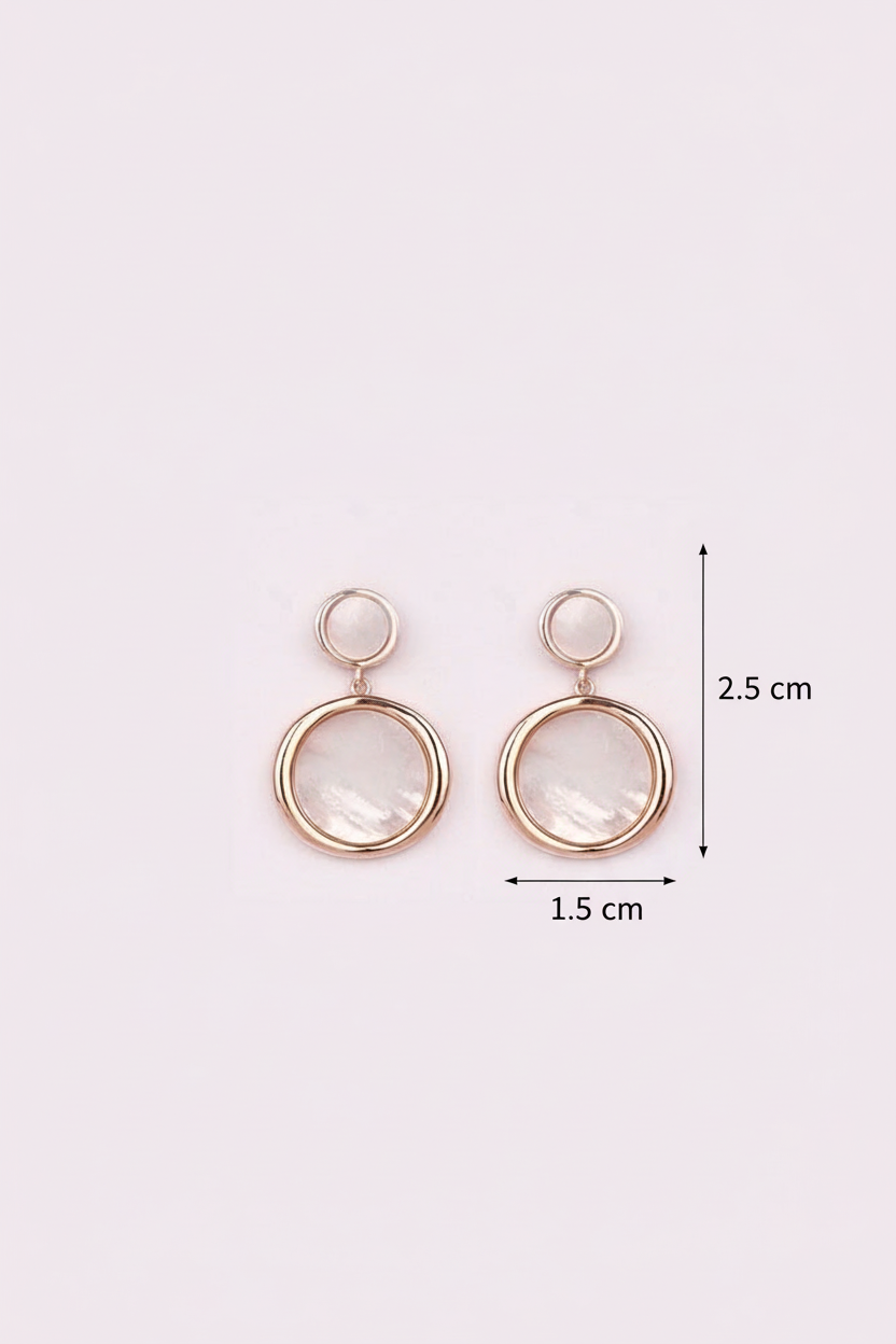 MOP Pair of earrings with measurements on a light pink background