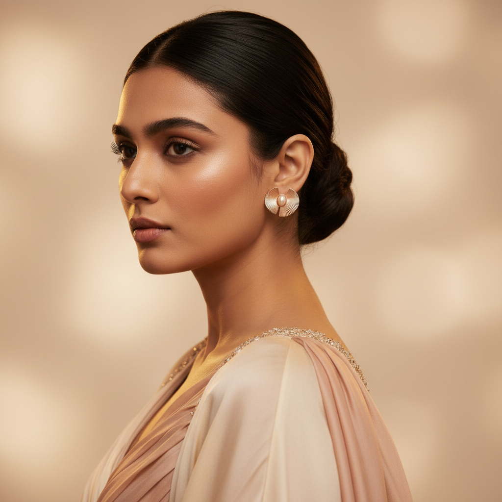 Woman wearing Rosegold Pearl Textured Earstuds