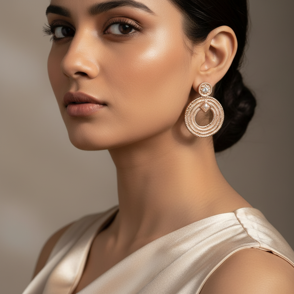 Woman wearing Rose Gold Textured Spiral Dangles