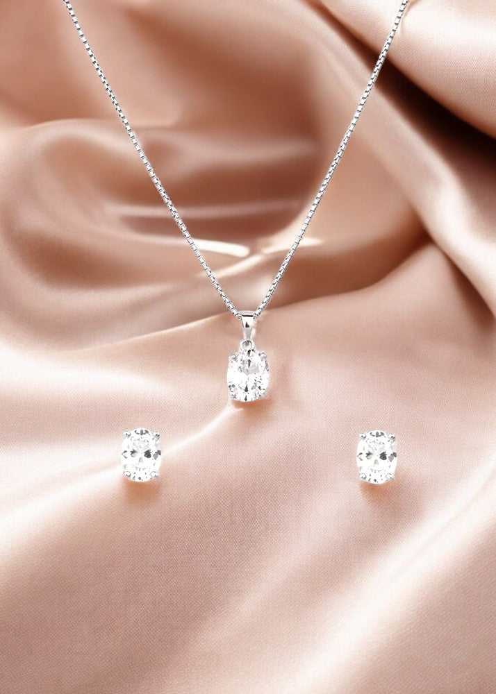 Silver Classic Oval CZ Solitaire Pendant Set