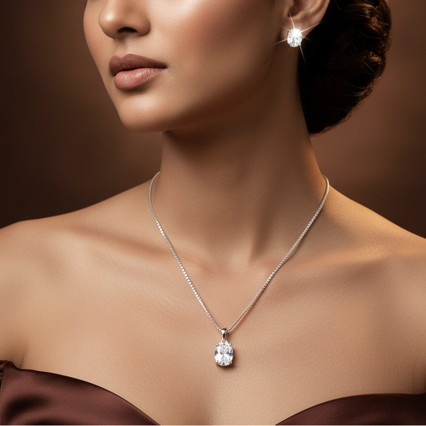 Silver Classic Oval CZ Solitaire Pendant Set