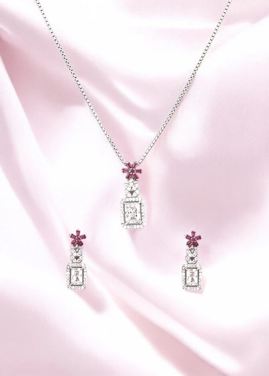 Silver Magenta Blossom Solitaire Pendant Set