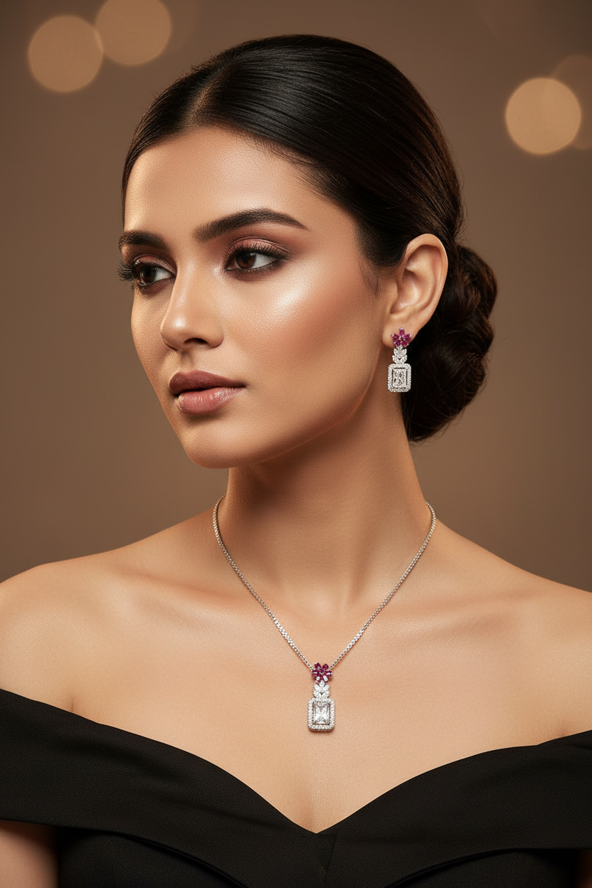 Silver Magenta Blossom Solitaire Pendant Set