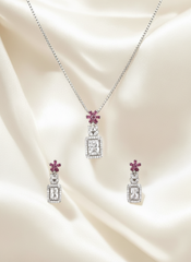 Silver Magenta Blossom Solitaire Pendant Set