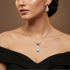 Silver Magenta Blossom Solitaire Pendant Set