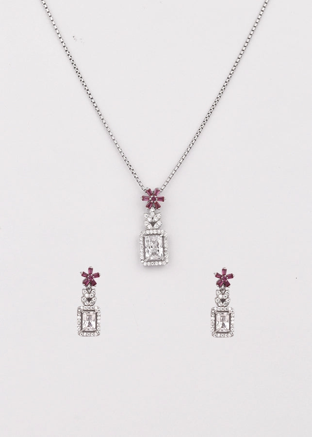 Silver Magenta Blossom Solitaire Pendant Set