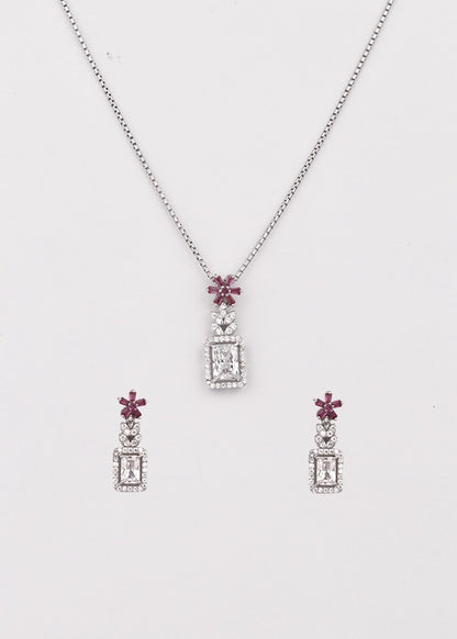 Silver Magenta Blossom Solitaire Pendant Set