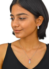 Silver Magenta Blossom Solitaire Pendant Set