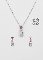Silver Magenta Blossom Solitaire Pendant Set