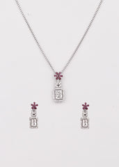 Silver Magenta Blossom Solitaire Pendant Set