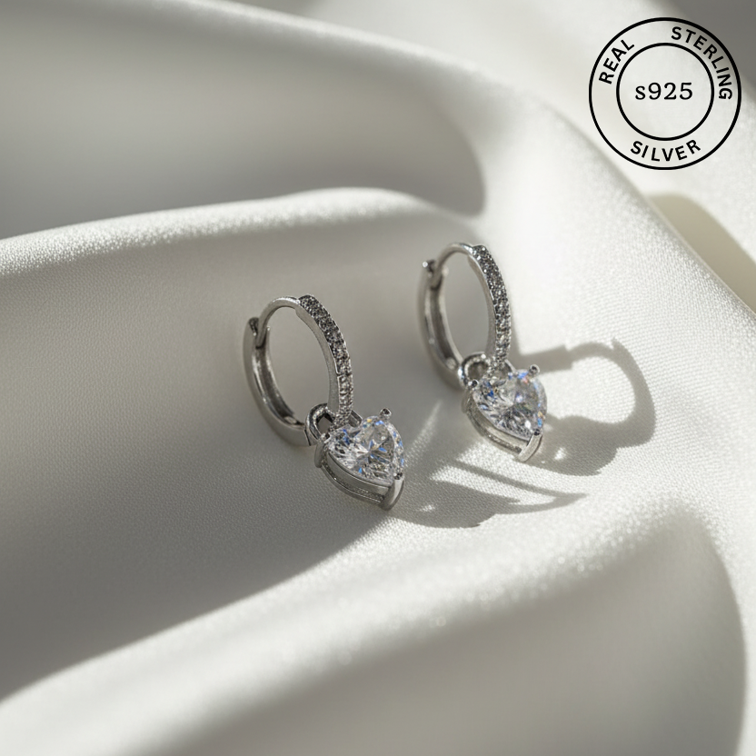 925 Sterling Silver Luna Heart Drop Hoops