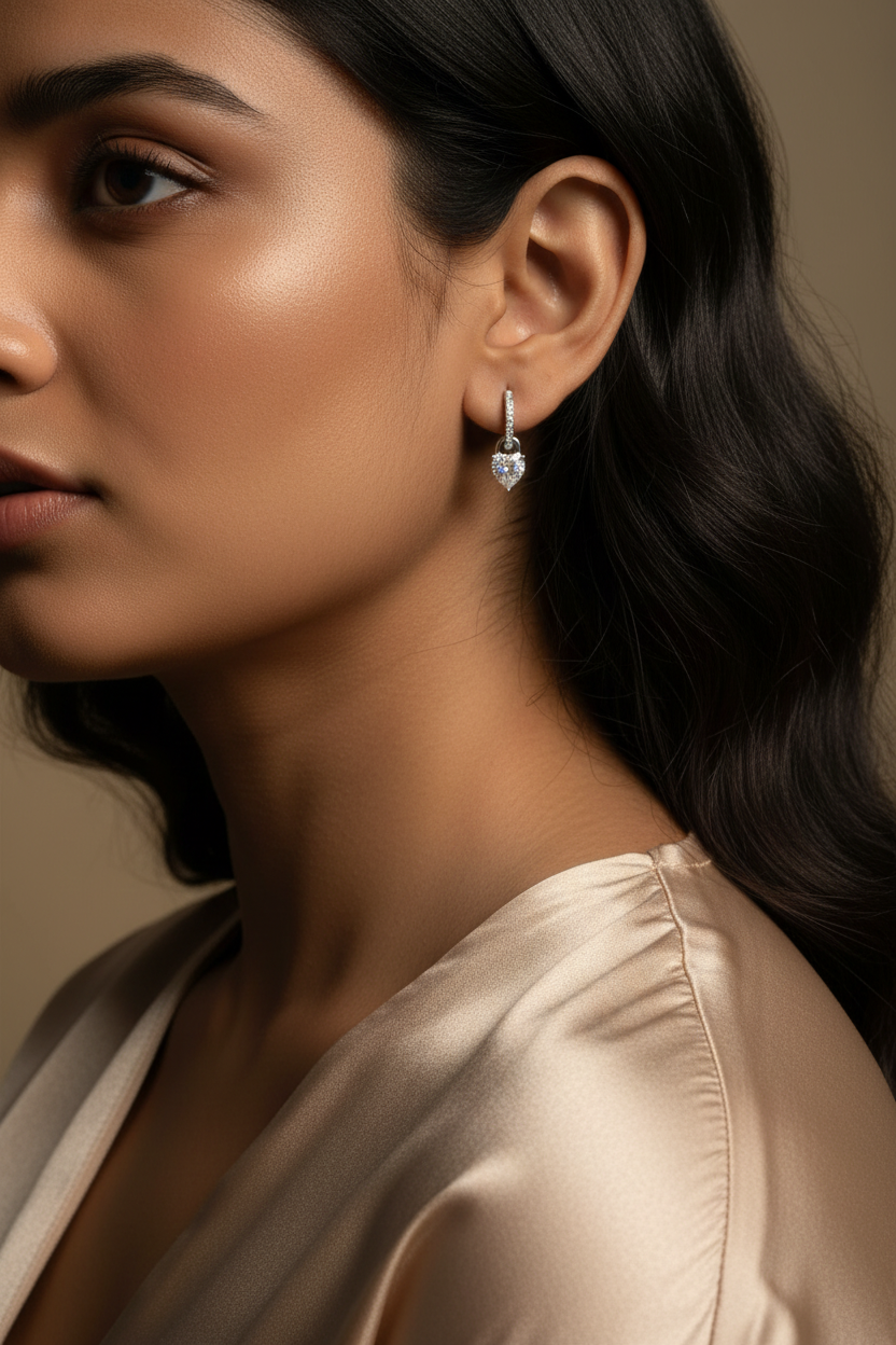 A close-up of a person's ear wearing a small silver huggie hoop earring with a heart-shaped clear gemstone dangling from the bottom.