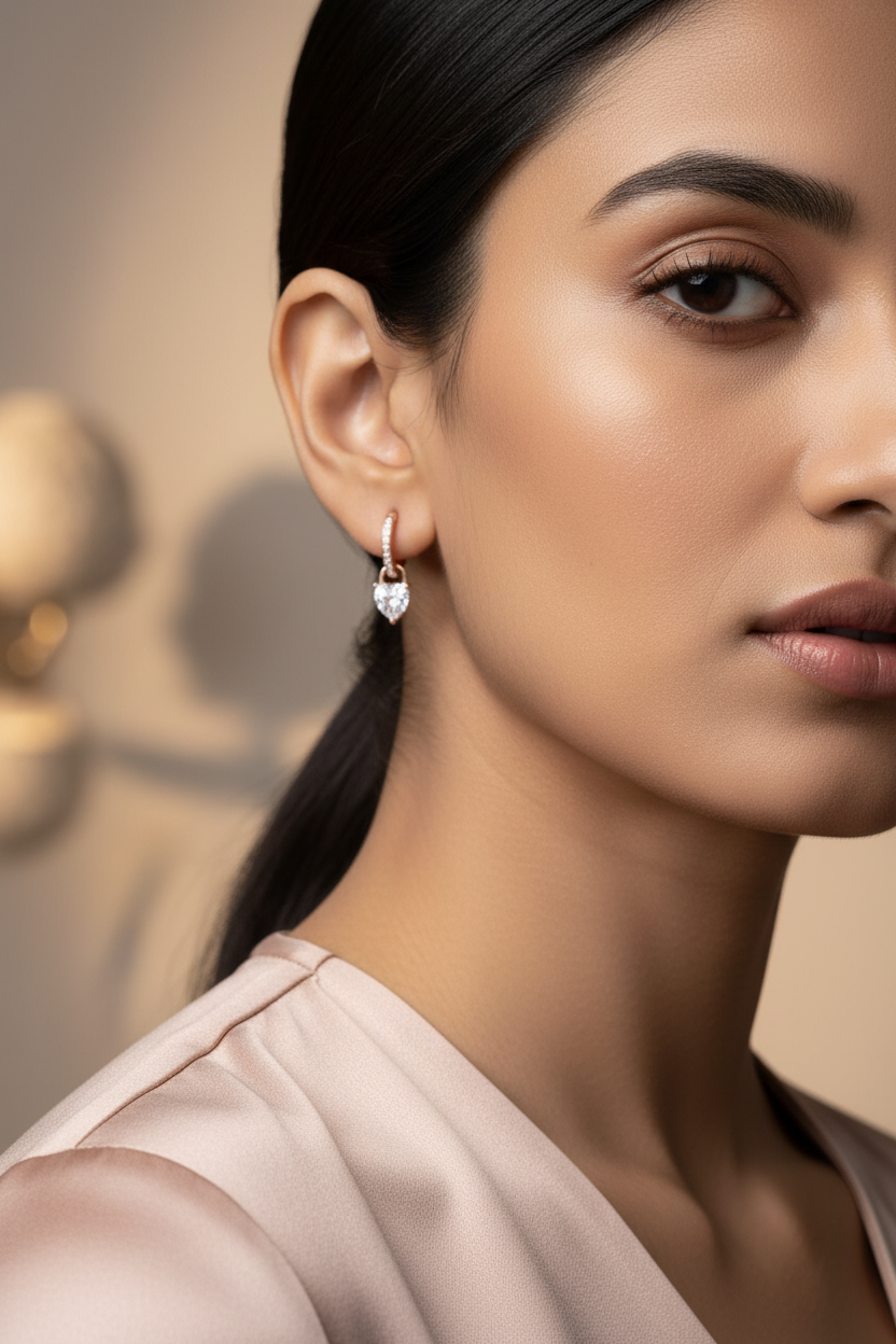 A close-up of a person's ear wearing a small silver huggie hoop earring with a dangling clear heart-shaped crystal.