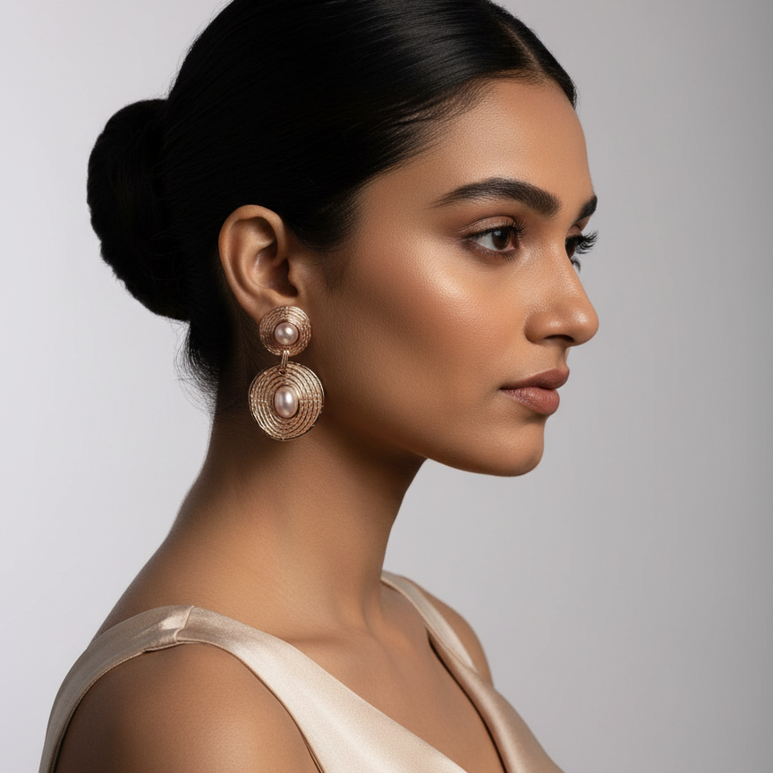 Woman wearing Rosegold Textured Pearl Dangles