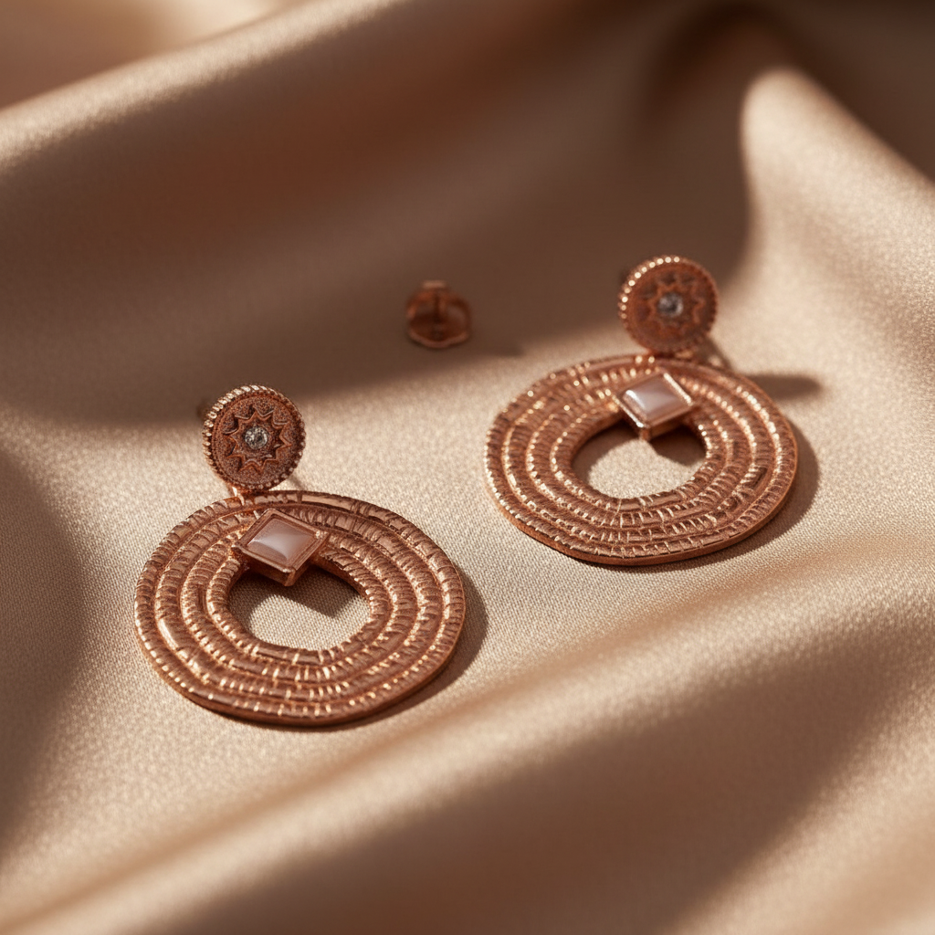 Pair of bronze-colored earrings on a beige fabric background