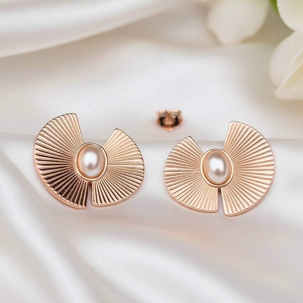 Rose gold earrings with pearl center on a soft white background