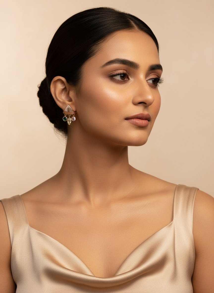 Woman wearing Rosegold Shimmering multicolor charm dangles