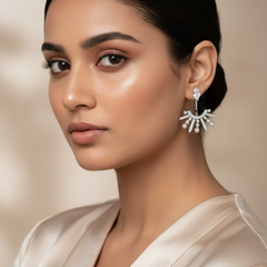 Woman wearing Silver Queens Crown Earrings