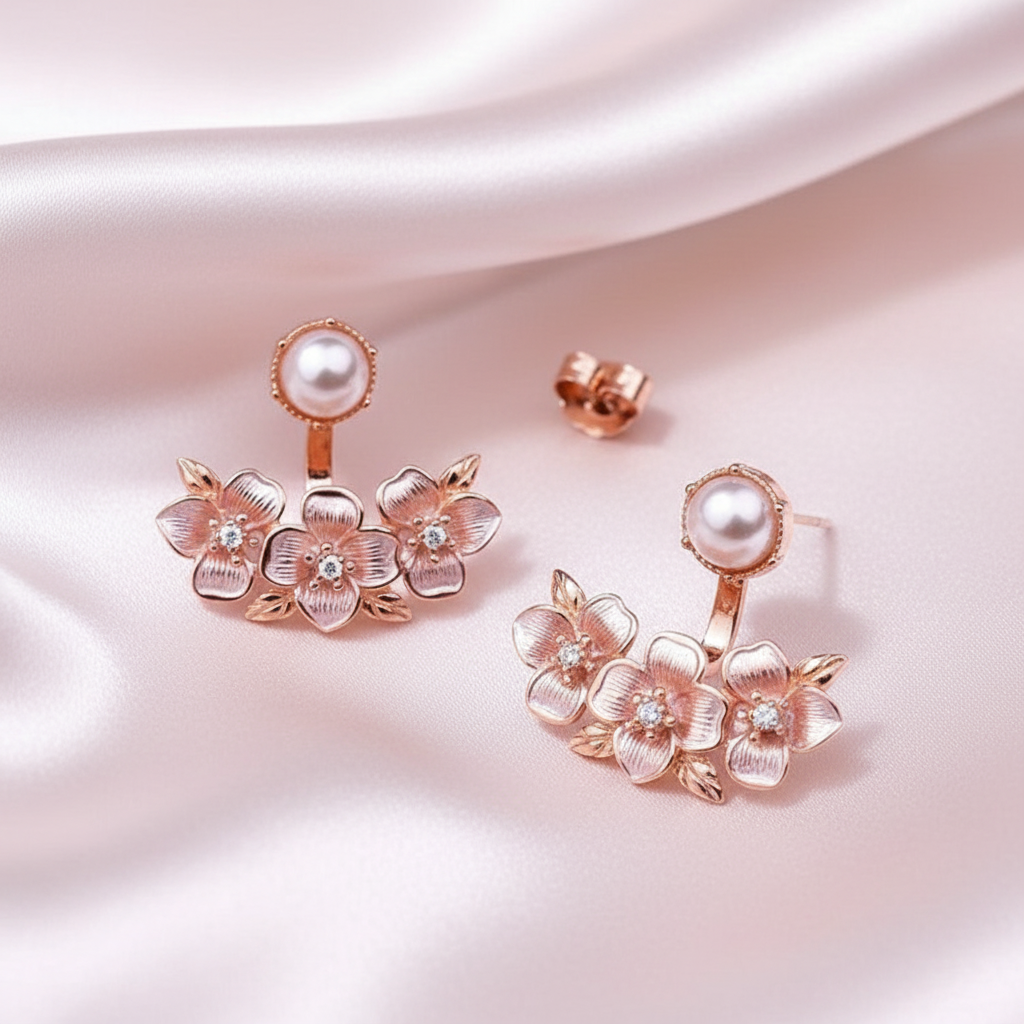Rose gold floral earrings with pearls on a soft pink fabric background