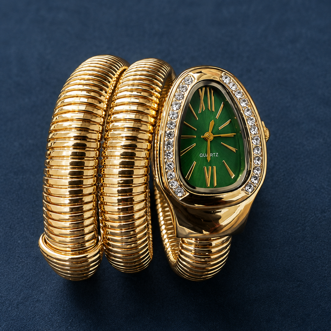 A gold-tone watch with a coiled, snake-like bracelet and a green dial, photographed on a dark blue textured background.