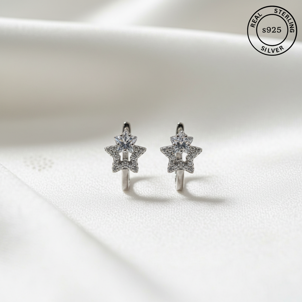 925 Sterling Silver Celeste Twin Star Huggie Hoops