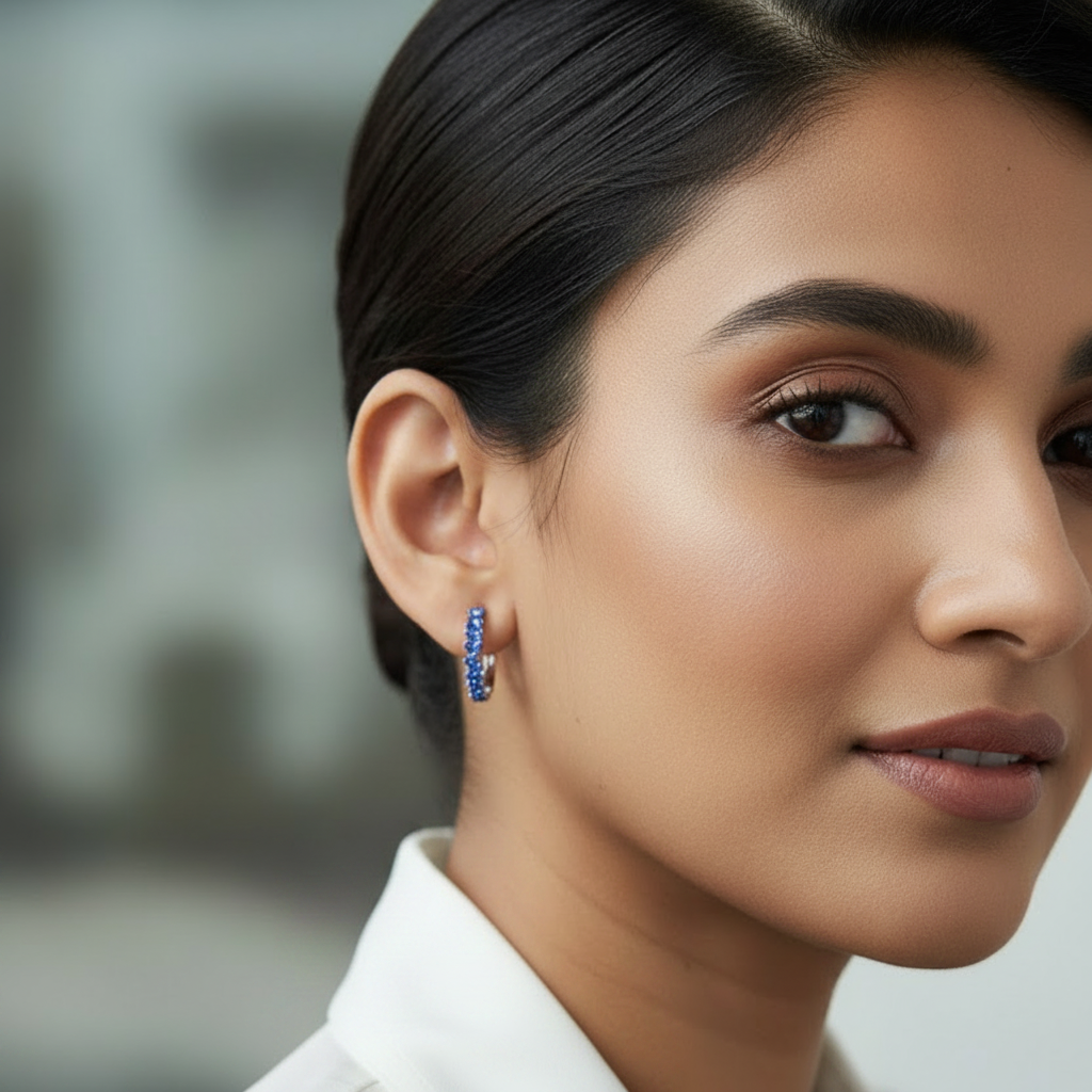 Close-up of a woman wearing blue earrings with a blurred background