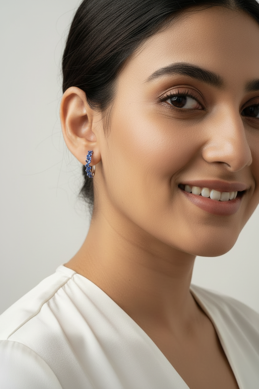Close-up of a woman wearing blue earrings against a neutral background