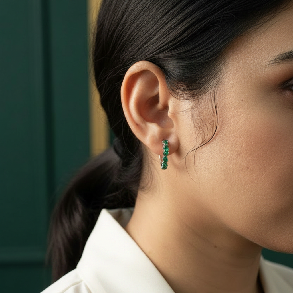 Close-up of a person wearing green hoop earrings with a blurred background