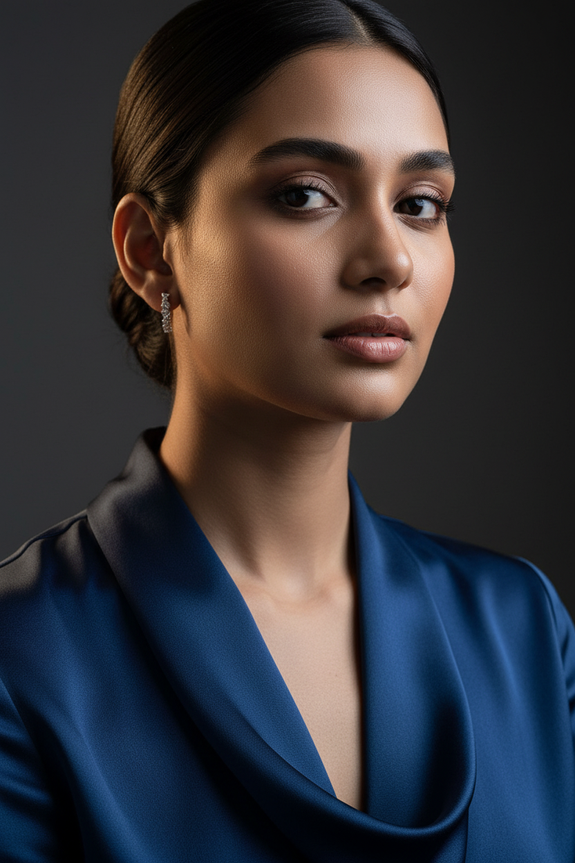 Woman wearing a blue dress against a dark background