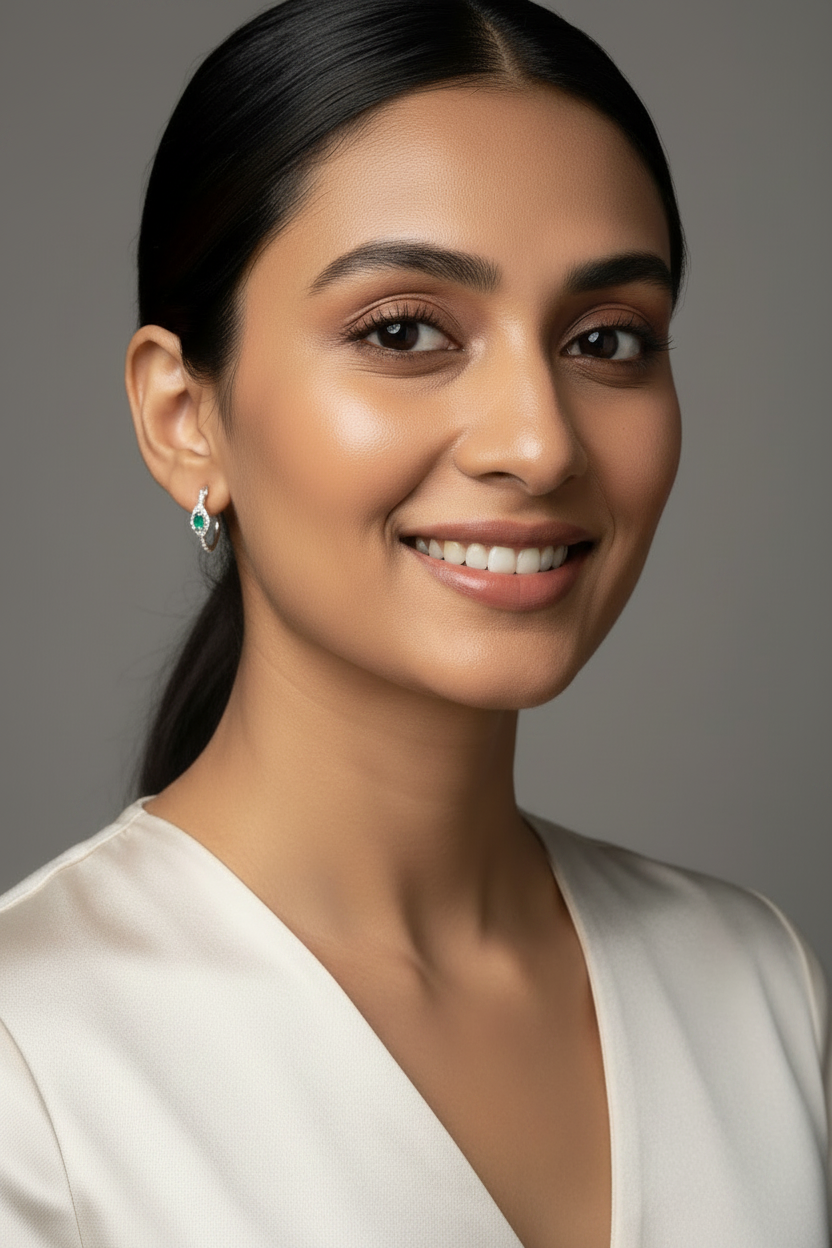 Woman wearing 925 Sterling Silver Emerald Green Grace Hoop Earrings
