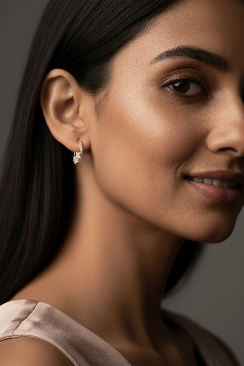 woman wearing 925 sterling silver hoop earring 