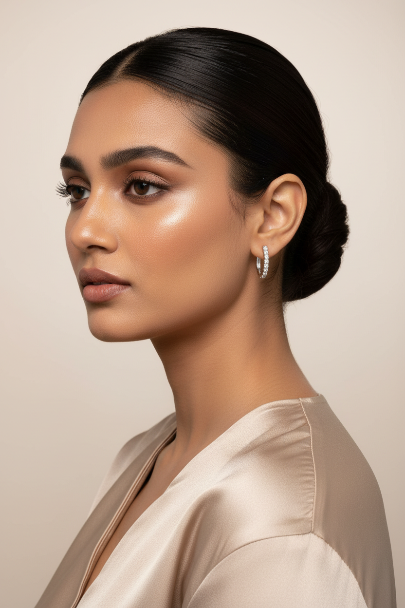 Woman with 925 Sterling Silver Classic Hoop Earrings