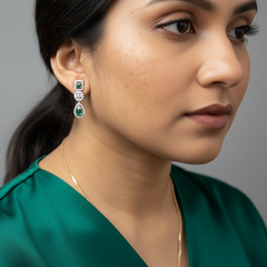woman wearing 925 sterling silver green earrings