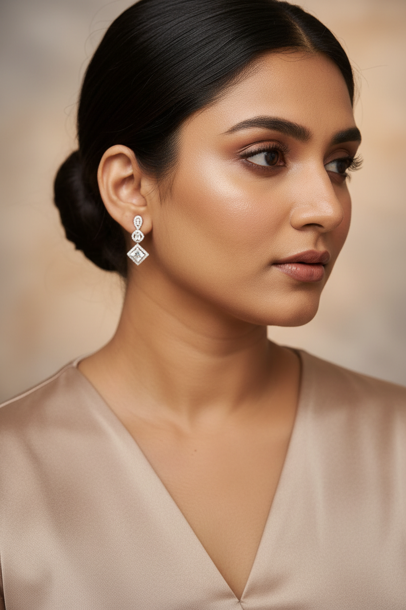 Woman wearing diamond earrings 