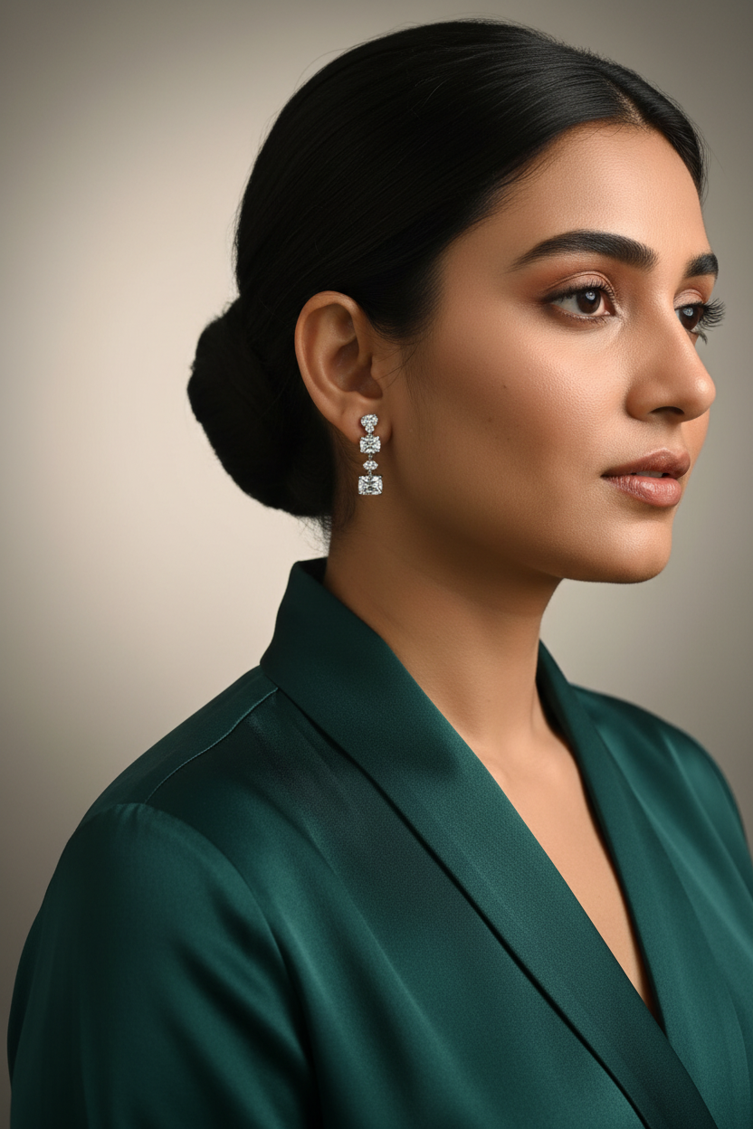 Woman wearing a green outfit with Silver Dazzling Zircon Danglers