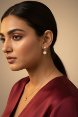 Woman wearing Rose gold earrings with mother of pearl stones