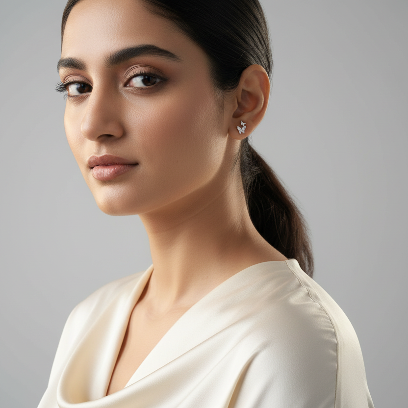 Woman wearing 925 Sterling Silver Dual Butterfly Studs