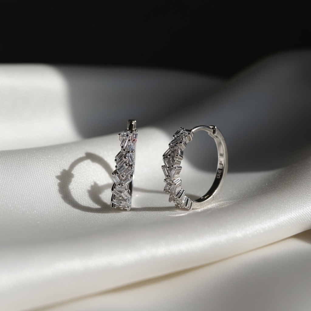 Silver hoop earrings on a white fabric background