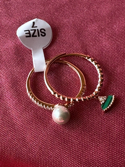 925 Sterling Silver Pearl & Green Charm Stack Rings